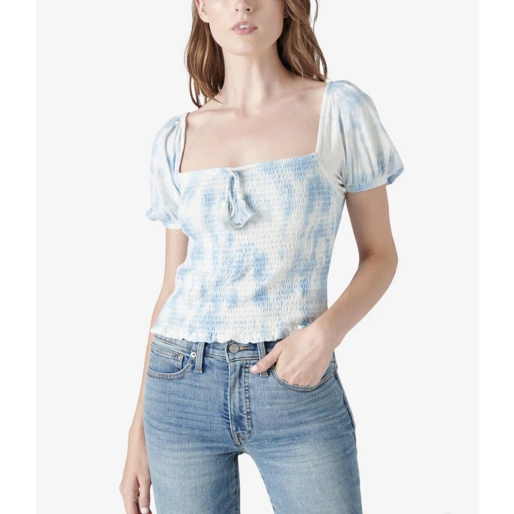 Lucky Brand Womens Short Sleeve Square Neck Tie Dye Blue Smocked Top Size Small
